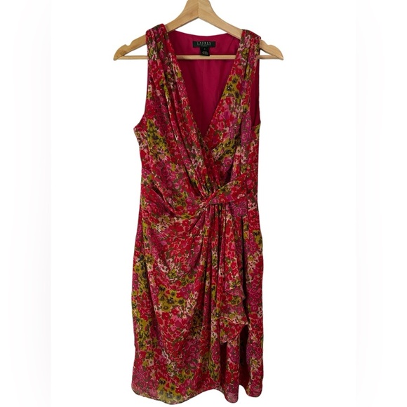 Ralph Lauren Green Label Women’s Wrap Dress Pink Red & Green Floral Print Size 8 - Picture 1 of 4